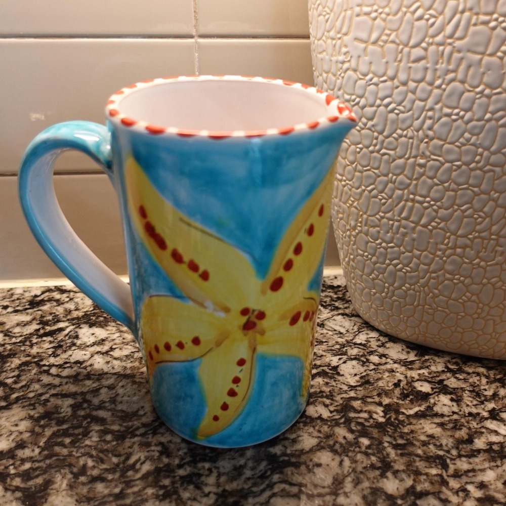 Ceramic tall pitcher with starfish and sea animals in aqua‎ blue color